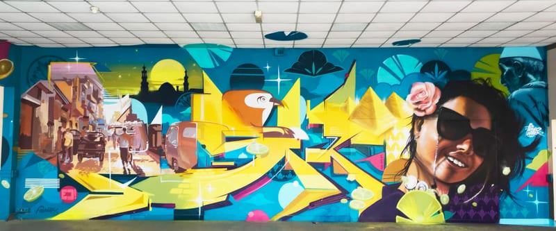 Fresque murale « Fresque Carnet de voyage de Piscologik » par Piscologik, vue 1 sur 3